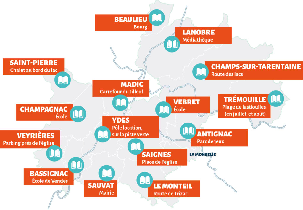 La carte présente la localisation des boîtes à lire sur le territoire de Sumène Artense. Chaque boîte à lire est représentée par un pictogramme turquoise en forme de cercle contenant un livre ouvert. Les lieux sont associés à des encadrés orange indiquant la commune et, lorsque cela est précisé, le lieu d’implantation.

Les points de localisation indiqués sur la carte sont les suivants :

Beaulieu : Bourg.
Lanobre : Médiathèque.
Champs-sur-Tarentaine : Route des lacs.
Trémouille : Plage de Lastioulles, en juillet et août.
Vebret : École.
Antignac : Parc de jeux.
Saignes : Place de l’église.
Le Monteil : Route de Trizac.
Sauvat : Mairie.
Bassignac : École de Vendès.
Veyrières : Parking près de l’église.
Champagnac : École.
Ydes : Pôle location, sur la piste verte.
Madic : Carrefour du tilleul.
Saint-Pierre : Chalet au bord du lac. - Agrandir l'image, fenêtre modale