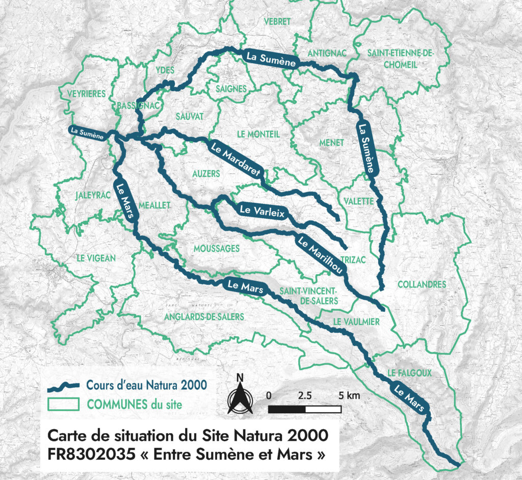 Le site Natura 2000 "Entre Sumène et Mars" comprend les communes de Veyrières, Bassignac, Ydes, Saignes, Vebret, Antignac, Saint Etienne de Chomeil, Jaleyrac, Meallet, Sauvat, Auzers, Le Monteil, Menet, Valette, Collandres, Le Falgoux, Le Vaulmier, Trizac, Moussages, Anglards de Salers, Le Vigean. Les cours d'eau concernés sont Le Mars, le Marilhou, Le Varleix, le Mardaret et la Sumène - Agrandir l'image, fenêtre modale