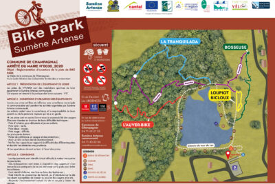 Plan du Bike park de Champagnac. Ce plan montre qu'il existe plusieurs pistes : - la bosseuse - la loupiot bicloux - l'auverbike - la tranquilada Ces circuits sont accessibles depuis des chemins de montée. Il est recommander de mettre un casque et protections. Un chemin qui fait le tour d'un lac est indiqué avec les interdictions suivantes : interdit de naviguer, se baigner, rouler avec des engins motorisés. Des bancs et kiosques sont présents tout le long de ce chemin. Ce panneau rend compte d'un arrêté préfectoral de la commune de CHAMPAGNAC : ARRETE DU MAIRE N° 0030 2020 Objet : Réglementation d'ouverture de la piste de BIKE PARK Le Maire de la commune de Champagnac, Vu le Code Général des Collectivités Territoriales et notamment ARTICLE 1 : PRÉSENTATION DE L'ÉQUIPEMENT DE LOISIR Les pistes de VTT/BMX sont des installations sportives de loisir appartenant à Sumène Artense communauté. Cet espace est réservé à la pratique des loisirs suivants : VTT. ARTICLE 2 : CONDITIONS D'UTILISATION DES EQUIPEMENTS L'accès aux pistes est libre et s'effectue sans surveillance municipale ni communautaire sauf pendant les activités organisées par Sumène Artense communauté. Les enfants restent sous la surveillance et la responsabilité de leurs parents ou de la personne majeure qui les a en garde. Les pistes sont en accès libre et sous la responsabilité des usagers. Elles sont classées en fonction de leurs difficultés techniques • Piste d'initiation pour débutants et jeunes enfants, • Piste verte : facile, • Piste bleue : moyen, • Piste rouge : difficile. Les pratiquants doivent : • Porter de préférence un casque et des protections ; • Avoir un vélo en bon état de fonctionnement; • Vérifier leur capacité par rapport à la difficulté des différentes pistes et aborder les obstacles avec prudence. es spectateurs doivent se tenir à l'écart des pistes ARTICLE 3 : CONSIGNES • Les équipements sont interdits à tout véhicule à moteur sous peine de poursuites. • Des échappatoires sont mises à disposition des usagers et il est demandé aux pratiquants de ne pas stationner sur la piste pour éviter les collisions. • Il est interdit d'allumer des feux ou faire des barbecues ; • Il est interdit de consommer de l'alcool, ou d'introduire sur le site des objets susceptibles de blesser ou souiller les usagers et le site. • Respecter l'environnement naturel du site et ne pas y laisser de déchets. - Agrandir l'image 1 sur 6, fenêtre modale