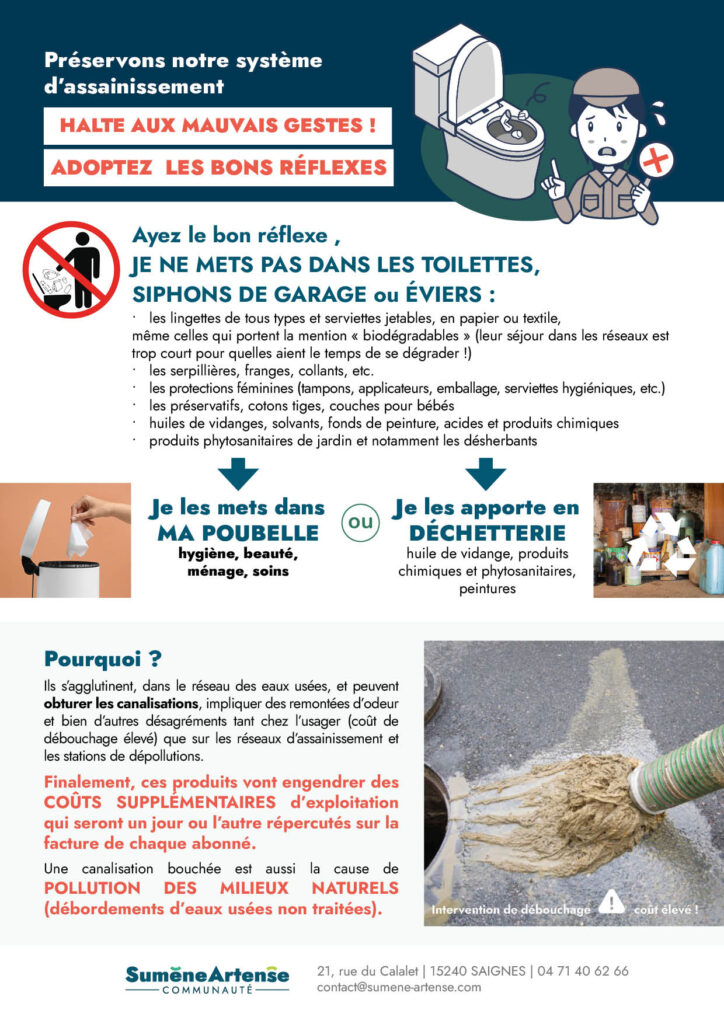Préservons notre système 
d’assainissement
Halte aux mauvais gestes ! adoptez  les bons réflexes.
Ayez le bon réflexe : je ne mets pas dans les toilettes, siphons de garage ou éviers : les lingettes de tous types et serviettes jetables, en papier ou textile, même celles qui portent la mention « biodégradables » (leur séjour dans les réseaux est trop court pour quelles aient le temps de se dégrader !) les serpillières, franges, collants, etc. les protections féminines (tampons, applicateurs, emballage, serviettes hygiéniques, etc.) les préservatifs, cotons tiges, couches pour bébés, huiles de vidanges, solvants, fonds de peinture, acides et produits chimiques, produits phytosanitaires de jardin et notamment les désherbants.
Je les mets dans ma poubelle (hygiène, beauté, ménage, soins) ou je les apporte en déchetterie 
huile de vidange, produits chimiques et phytosanitaires, peintures.
Pourquoi ?
Ils s’agglutinent, dans le réseau des eaux usées, et peuvent obturer les canalisations, impliquer des remontées d’odeur et bien d’autres désagréments tant chez l’usager (coût de débouchage élevé) que sur les réseaux d’assainissement et les stations de dépollutions. 
Finalement, ces produits vont engendrer des coûts supplémentaires d’exploitation qui seront un jour ou l’autre répercutés sur la facture de chaque abonné.
Une canalisation bouchée est aussi la cause de pollution des milieux naturels (débordements d’eaux usées non traitées).
 - Agrandir l'image, fenêtre modale